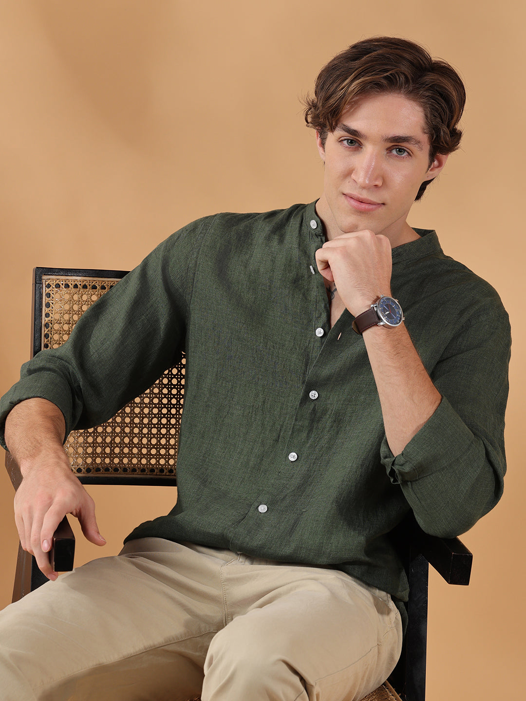 Olive Green Regular Fit Casual Linen shirt for men (MOLAN)