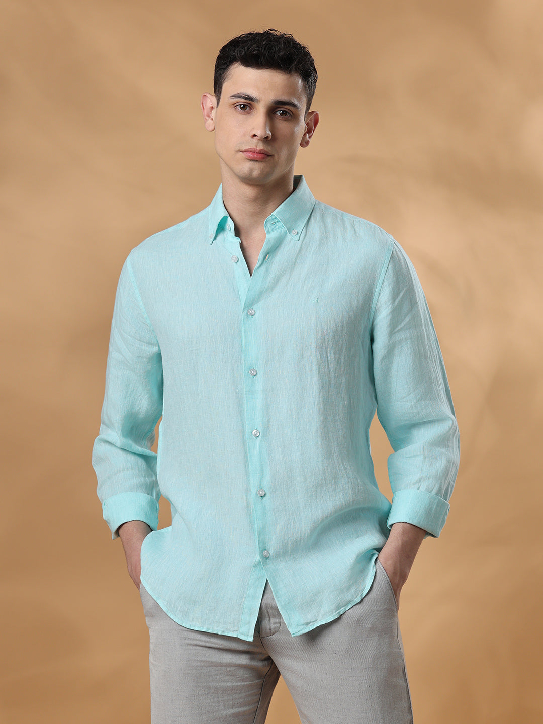 Green Regular Fit Casual Linen Shirt for men (MAURI)
