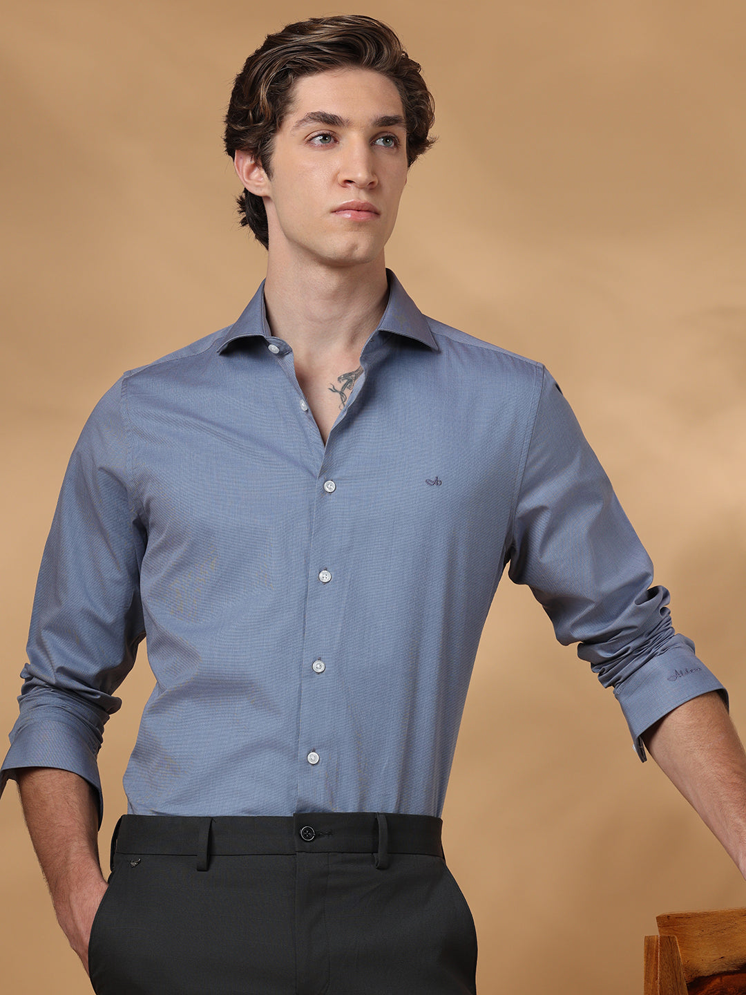 Grey Slim Fit Formal Cotton shirt for men (VICEN)