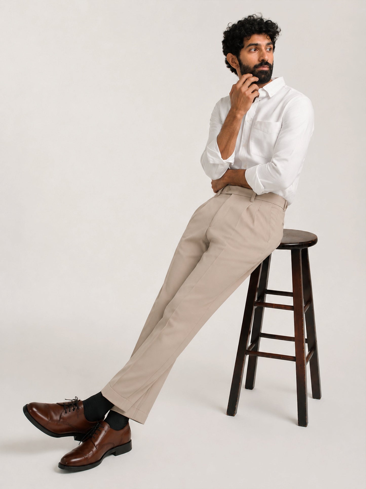 Japanese Beige Straight Fit Pleated Formal Trousers