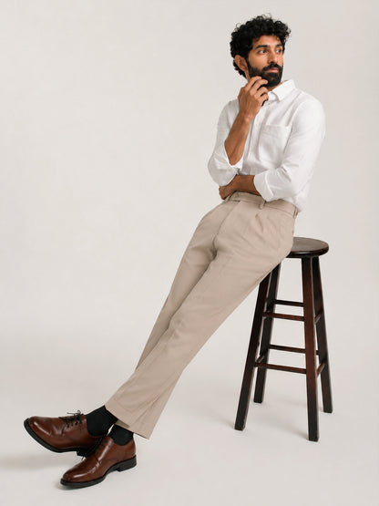Japanese Beige Straight Fit Pleated Formal Trousers
