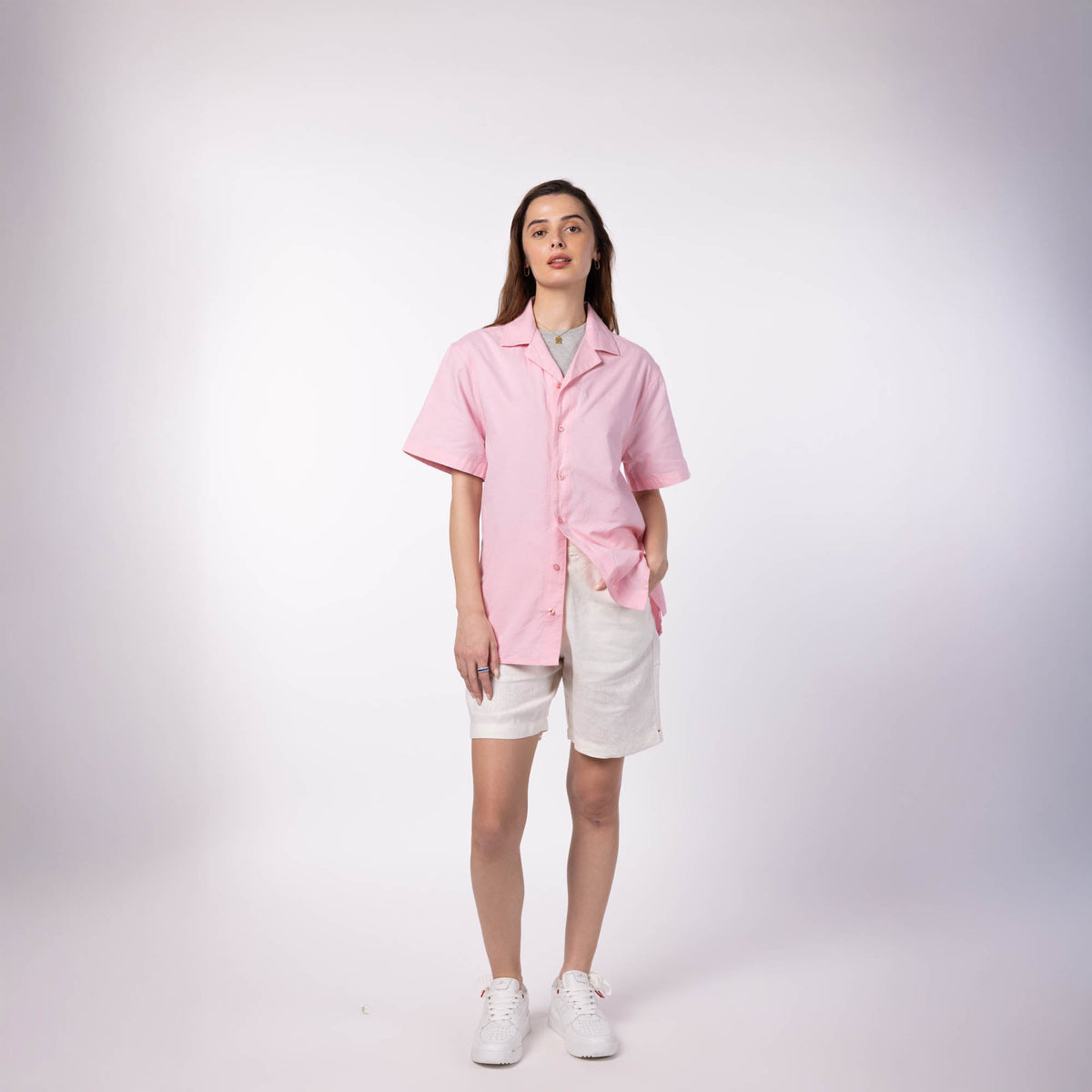 Unisex Half Sleeves Notch Collar Shirt- Powder Pink