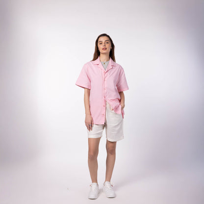 Unisex Half Sleeves Notch Collar Shirt- Powder Pink