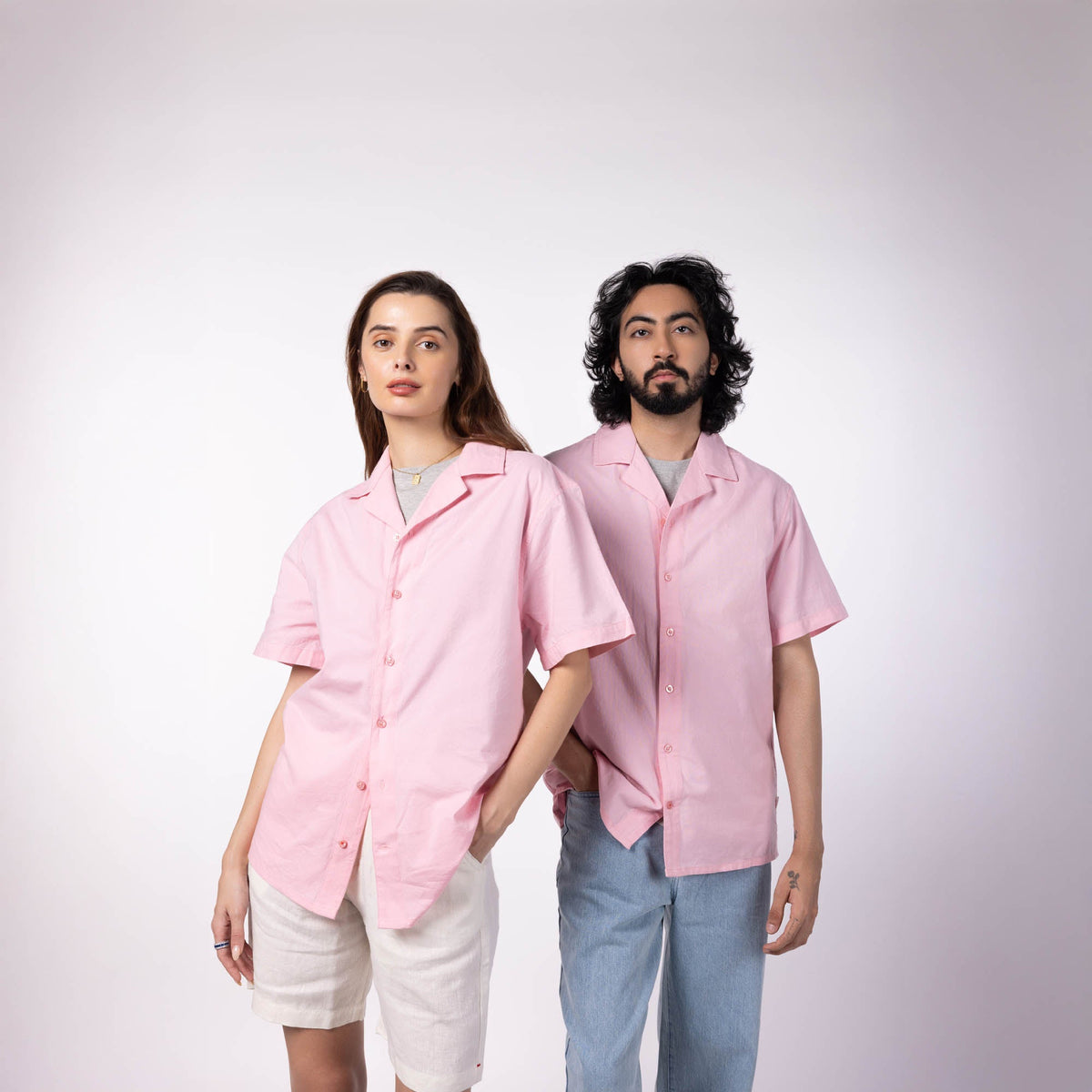 Unisex Half Sleeves Notch Collar Shirt- Powder Pink