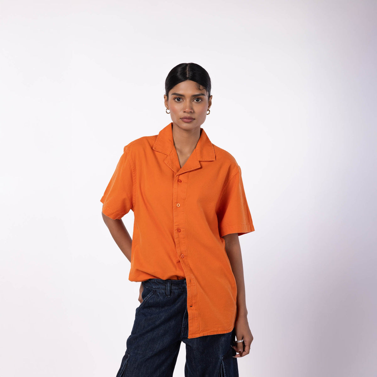 Unisex Half Sleeves Notch Collar Shirt- Pumpkin