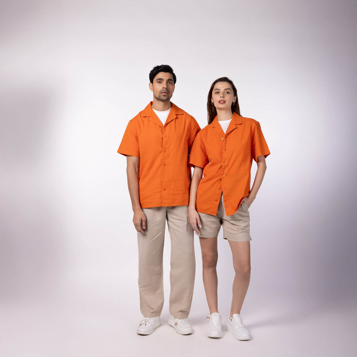Unisex Half Sleeves Notch Collar Shirt- Pumpkin