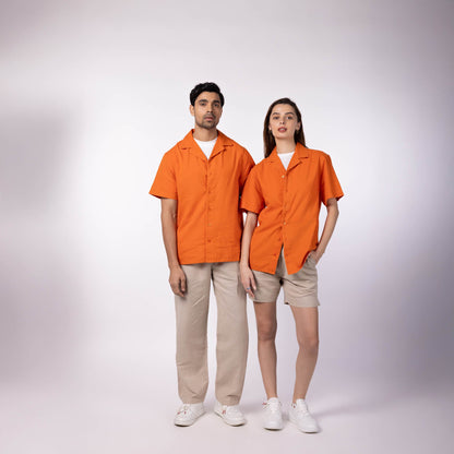 Unisex Half Sleeves Notch Collar Shirt- Pumpkin