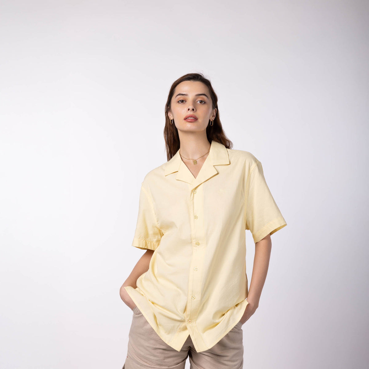 Unisex Half Sleeves Notch Collar Shirt- Butter Yellow