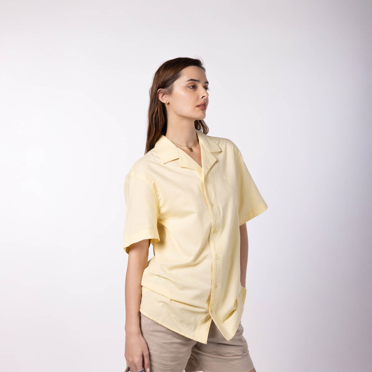 Unisex Half Sleeves Notch Collar Shirt- Butter Yellow