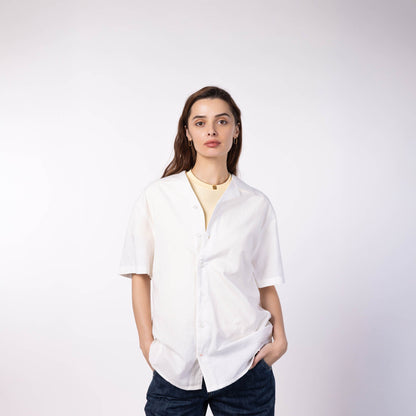 Unisex Half Sleeves Notch Collar Shirt- White