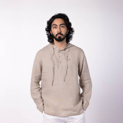 Men's Linen Hooded Shirt - Natural