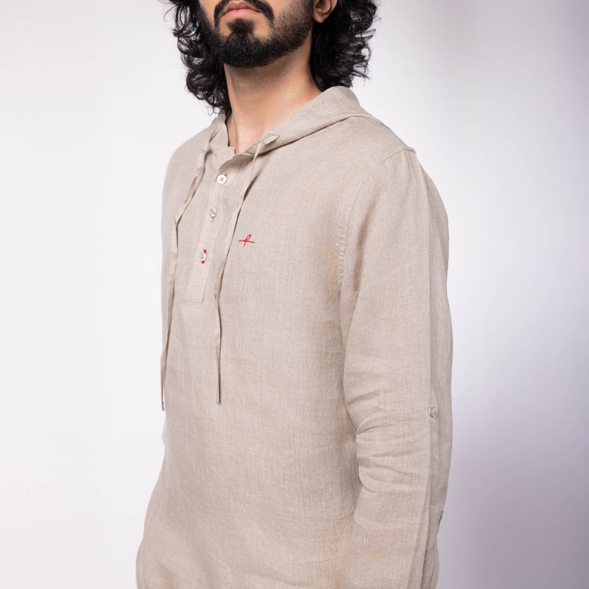 Men's Linen Hooded Shirt - Natural