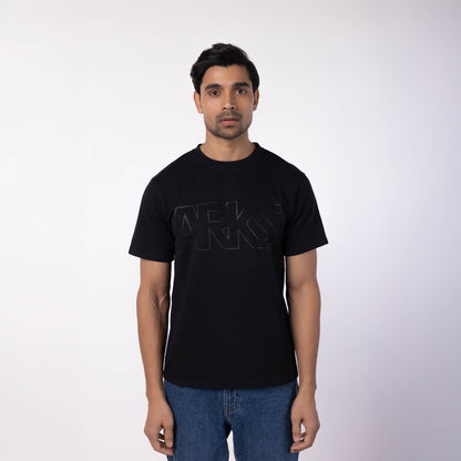 Men's French Terry Printed Round Neck T-Shirt - Black