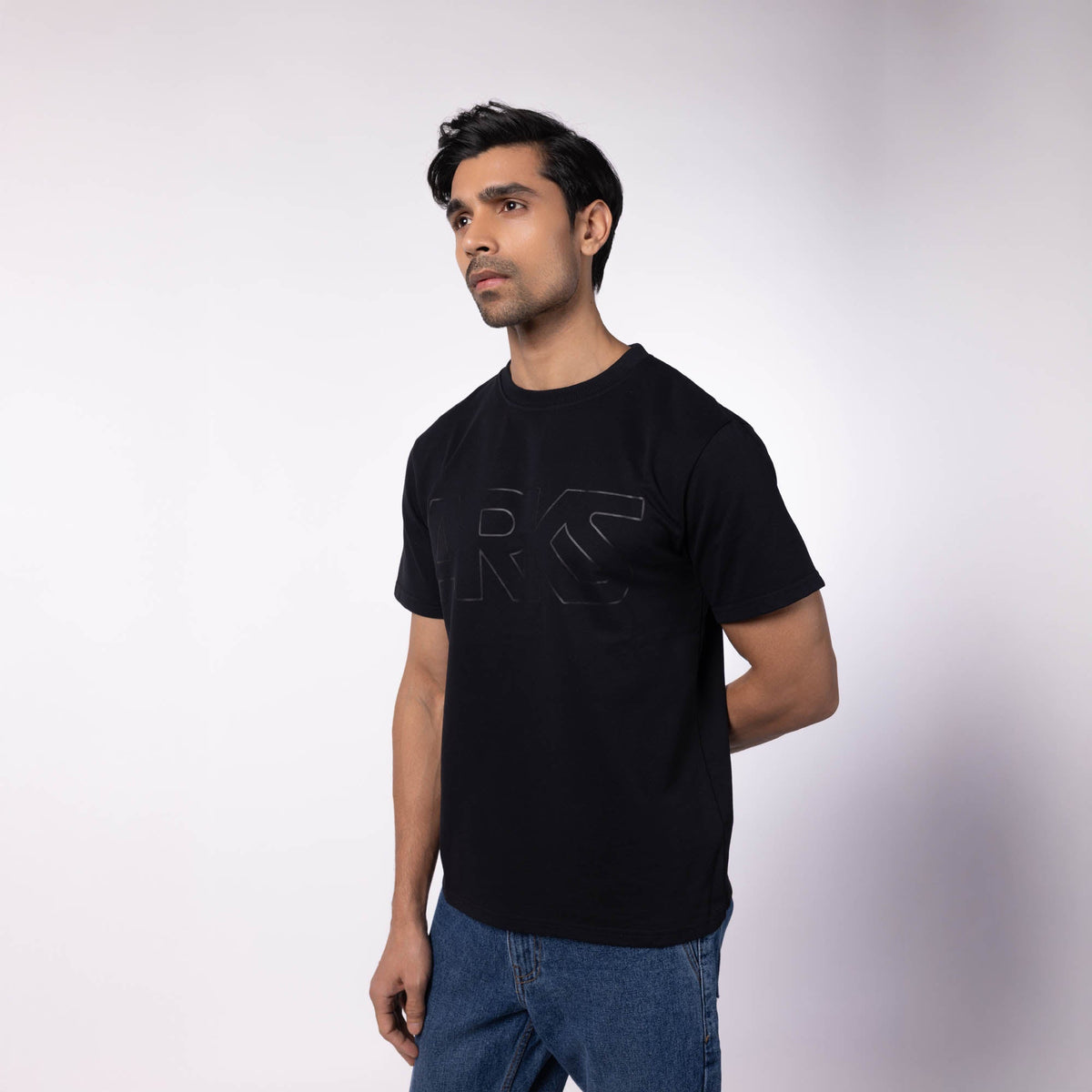 Men's French Terry Printed Round Neck T-Shirt - Black