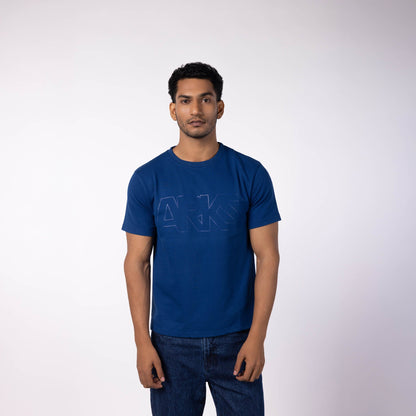 Men's French Terry Printed Round Neck T-Shirt - Dark Blue