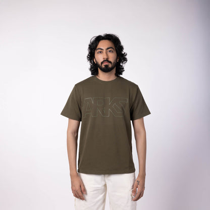 Men's French Terry Printed Round Neck T-Shirt - Olive