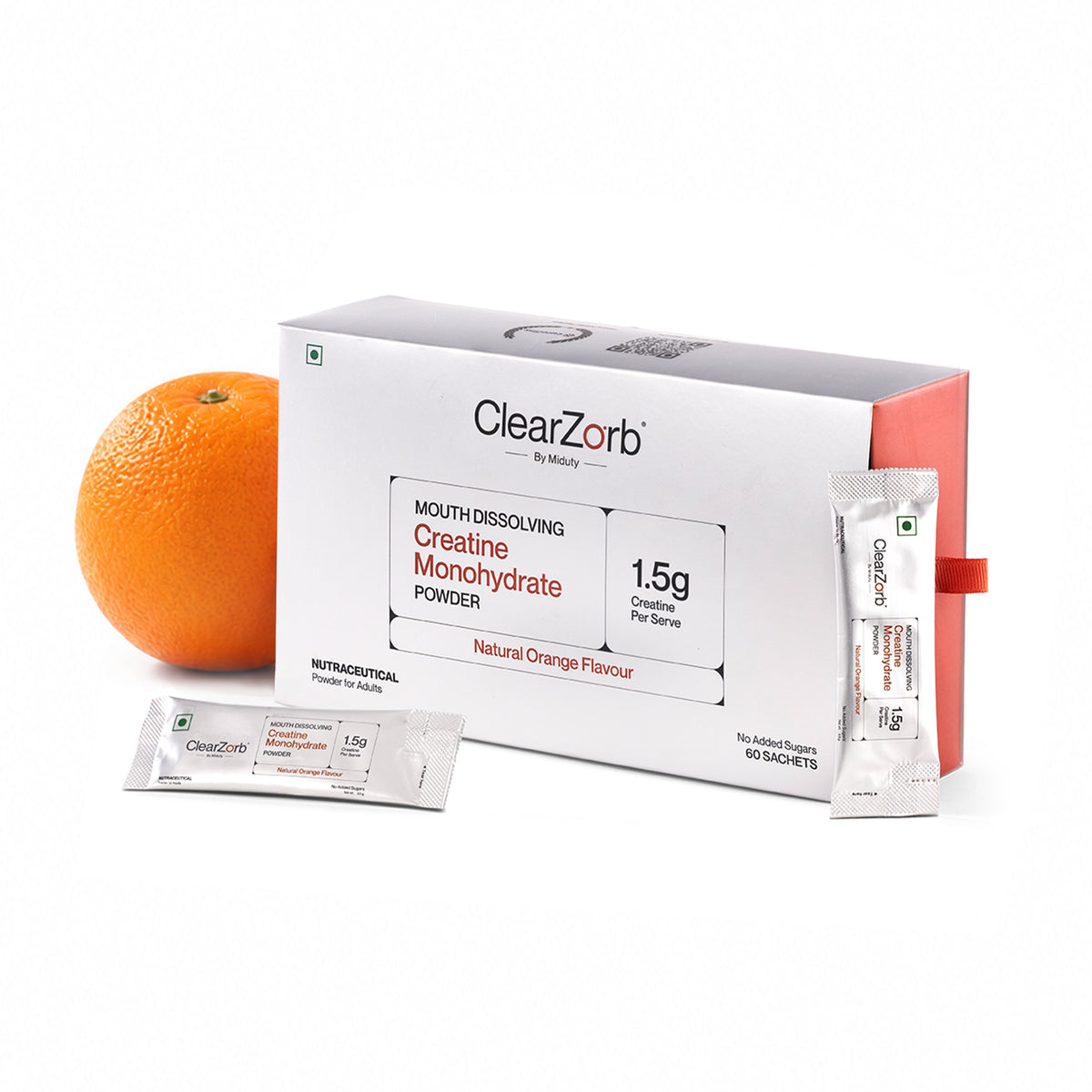 ClearZorb by Miduty, Mouth Dissolving Creatine Monohydrate | Enhanced Muscle Strength, 2 sachets per day for 3g, Natural Orange
