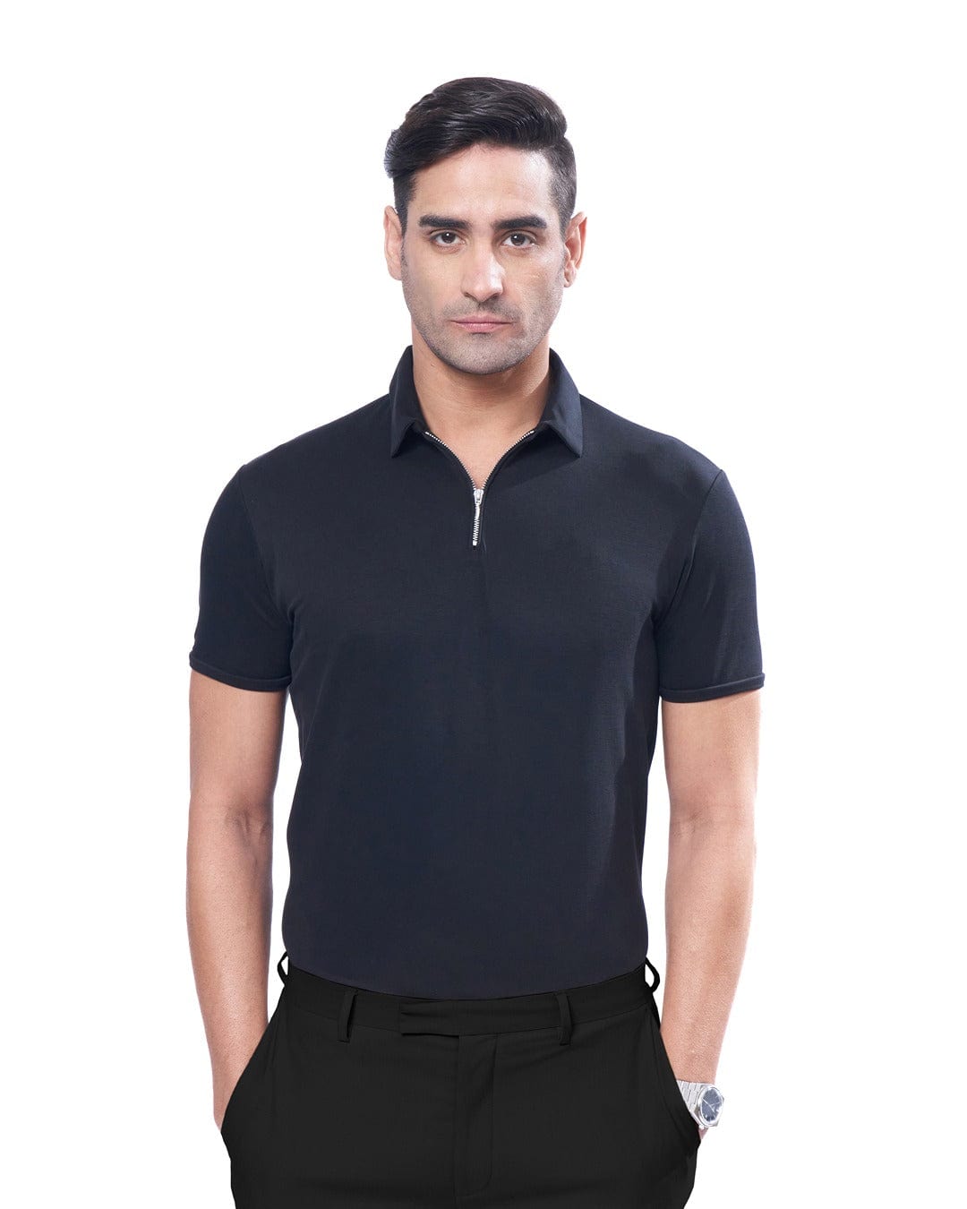 Suede Zipper Polo- Pitch Black