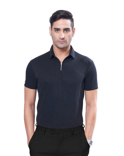 Suede Zipper Polo- Pitch Black