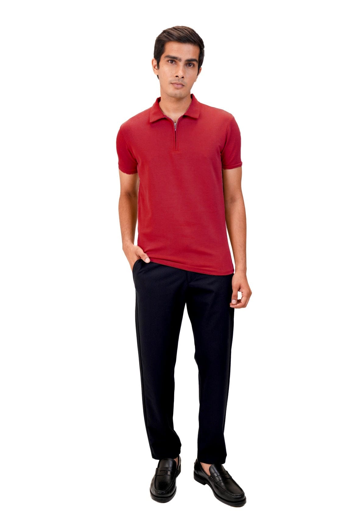 Suede Zipper Polo- Deep Red