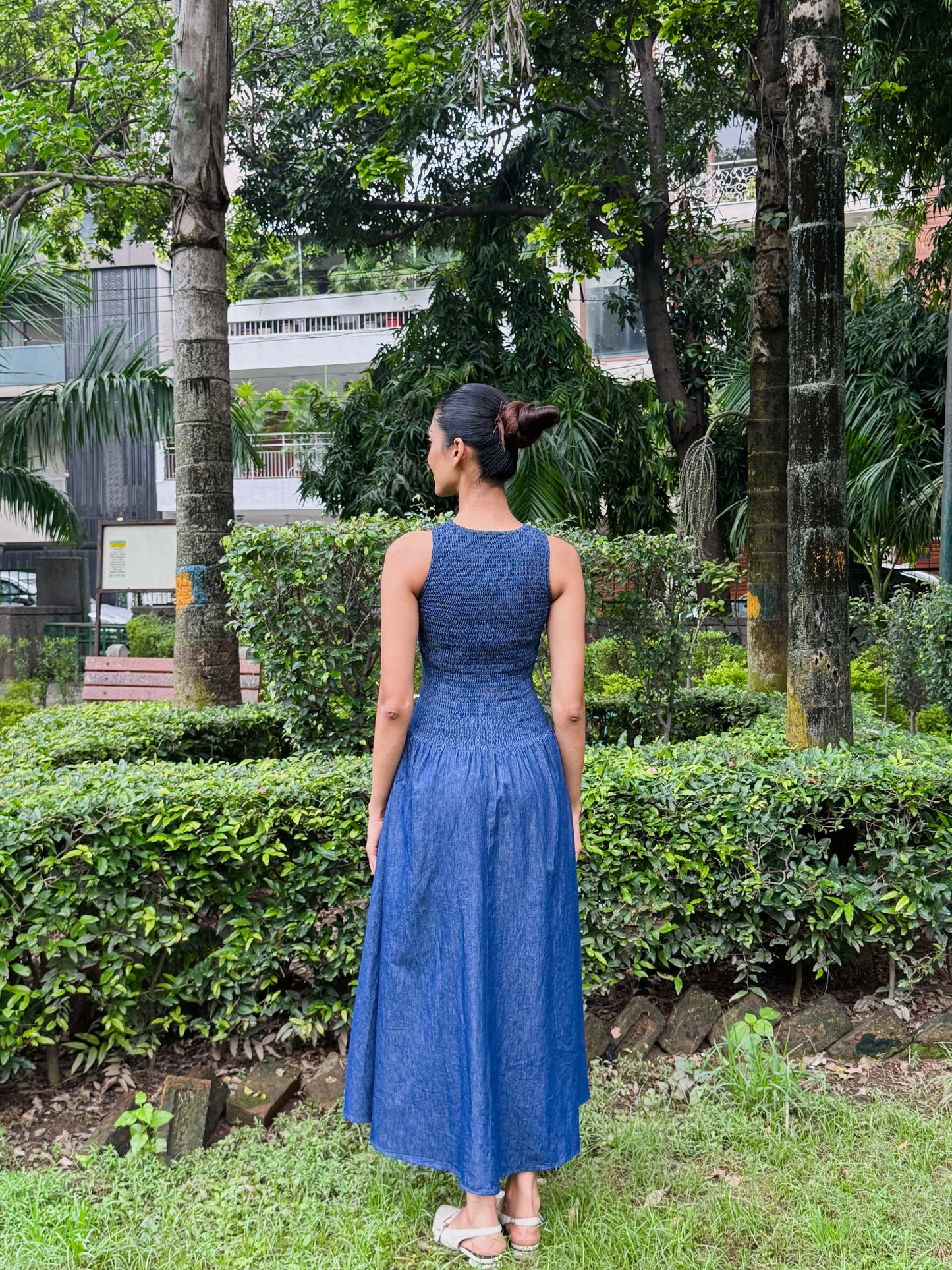 Blue Denim Smocked Bodice Dress