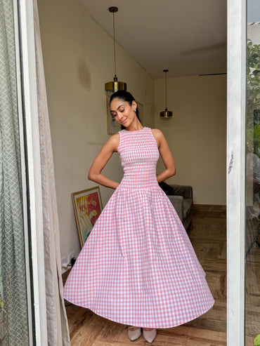 Pink Gingham Smocked Bodice Dress