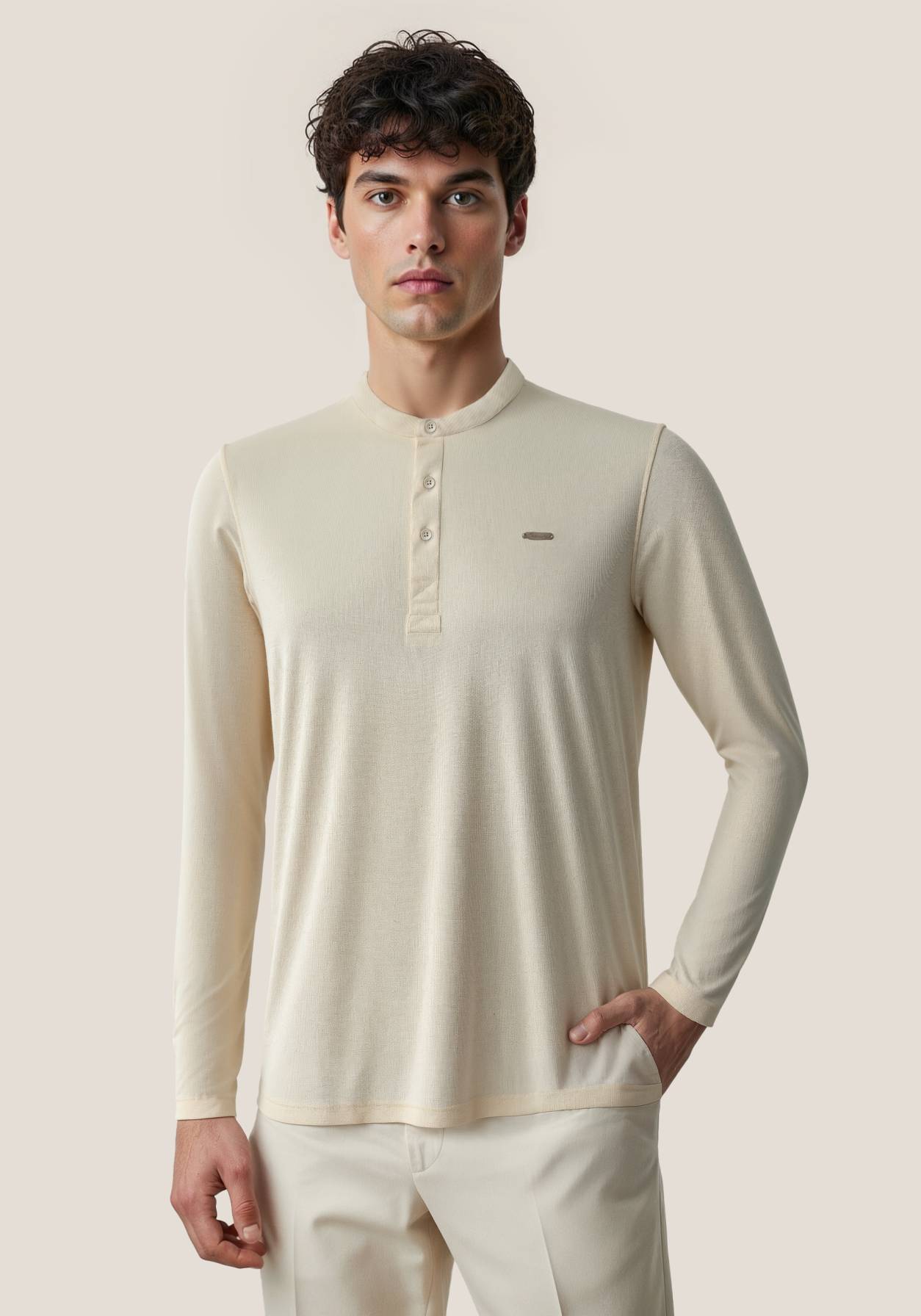 The Lineage Textured Henley - Warm Beige