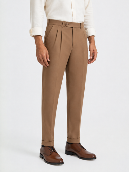 Japanese Brown Straight Fit Pleated Formal Trousers