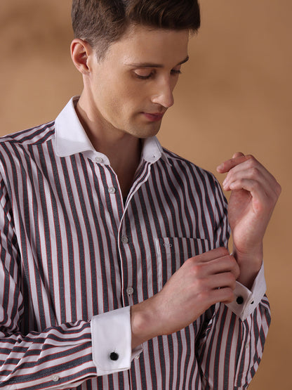Grey Regular Fit Striped Formal Shirt for Men (DRILO)