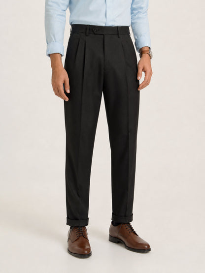 Japanese Black Straight Fit Pleated Formal Trousers
