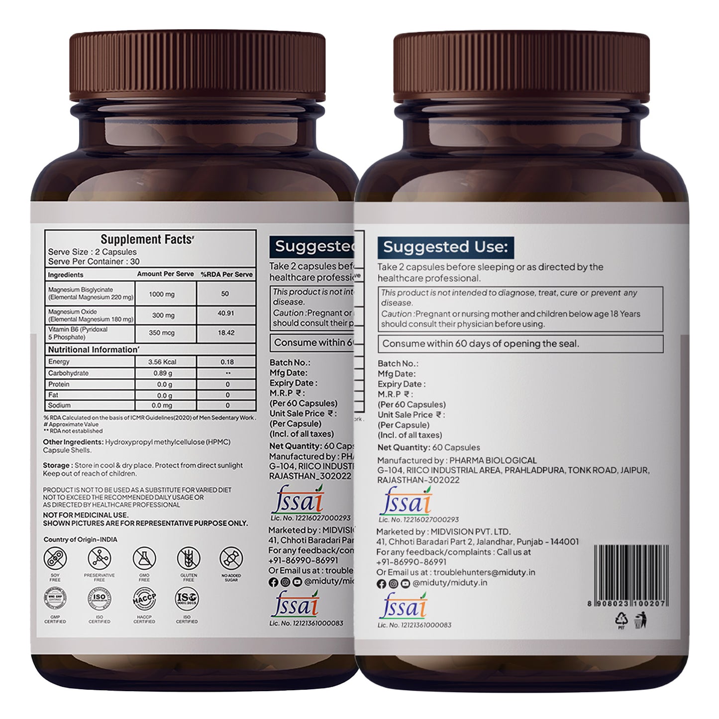 Miduty Chelated Magnesium Bisglycinate (Glycinate) | 1000mg Supplement For Sleep, Stress, Muscle Recovery & Cramps | 400mg Elemental Magnesium | High Absorption with Vitamin B6 | 60 Veg Capsules