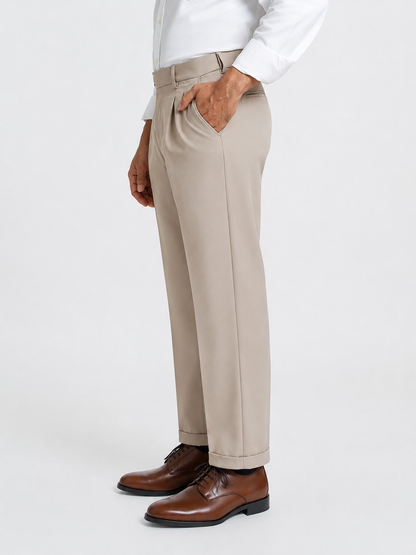 Japanese Beige Straight Fit Pleated Formal Trousers