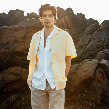 Unisex Half Sleeves Notch Collar Shirt- Butter Yellow