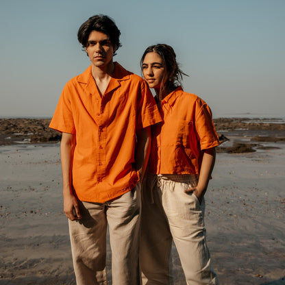 Unisex Half Sleeves Notch Collar Shirt- Pumpkin