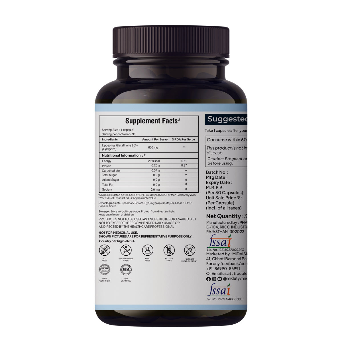 Miduty Liposomal Glutathione 85% 650 mg - Advanced Nano-Liposomal Formula with Lipoglo - 8X Absorption - TEM Verified - 30 Veg Capsules