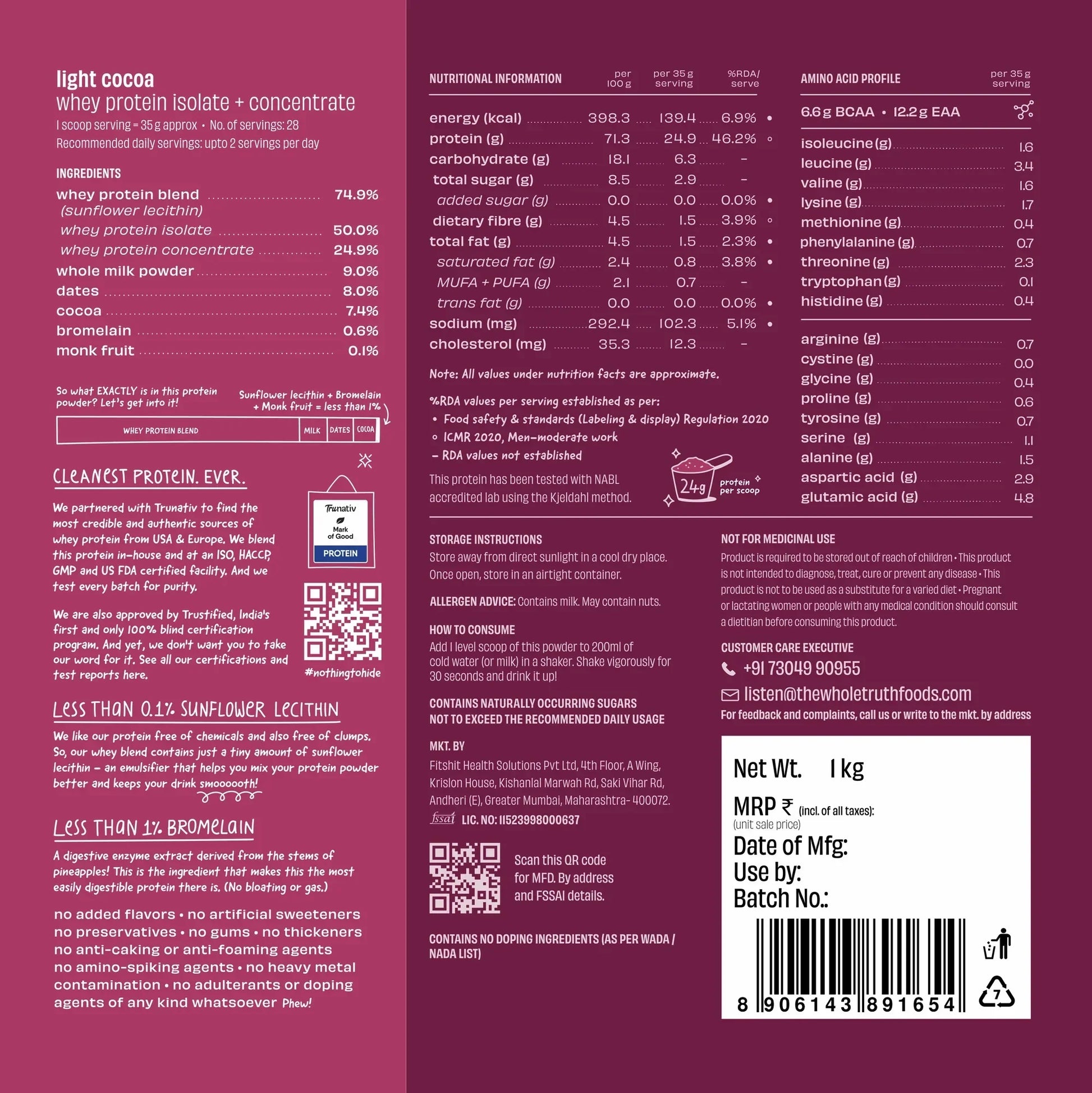The Whole Truth 24g Whey Protein Isolate + Concentrate - 1kg | The Whole Truth Foods at Broadway