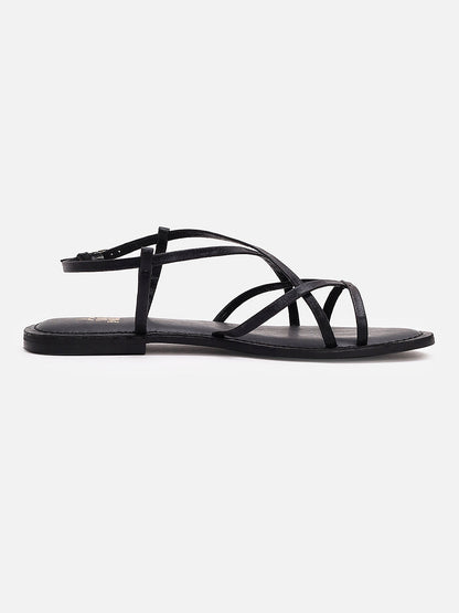 Tao Paris Women Oro Black Ankle Strap Flat Sandals