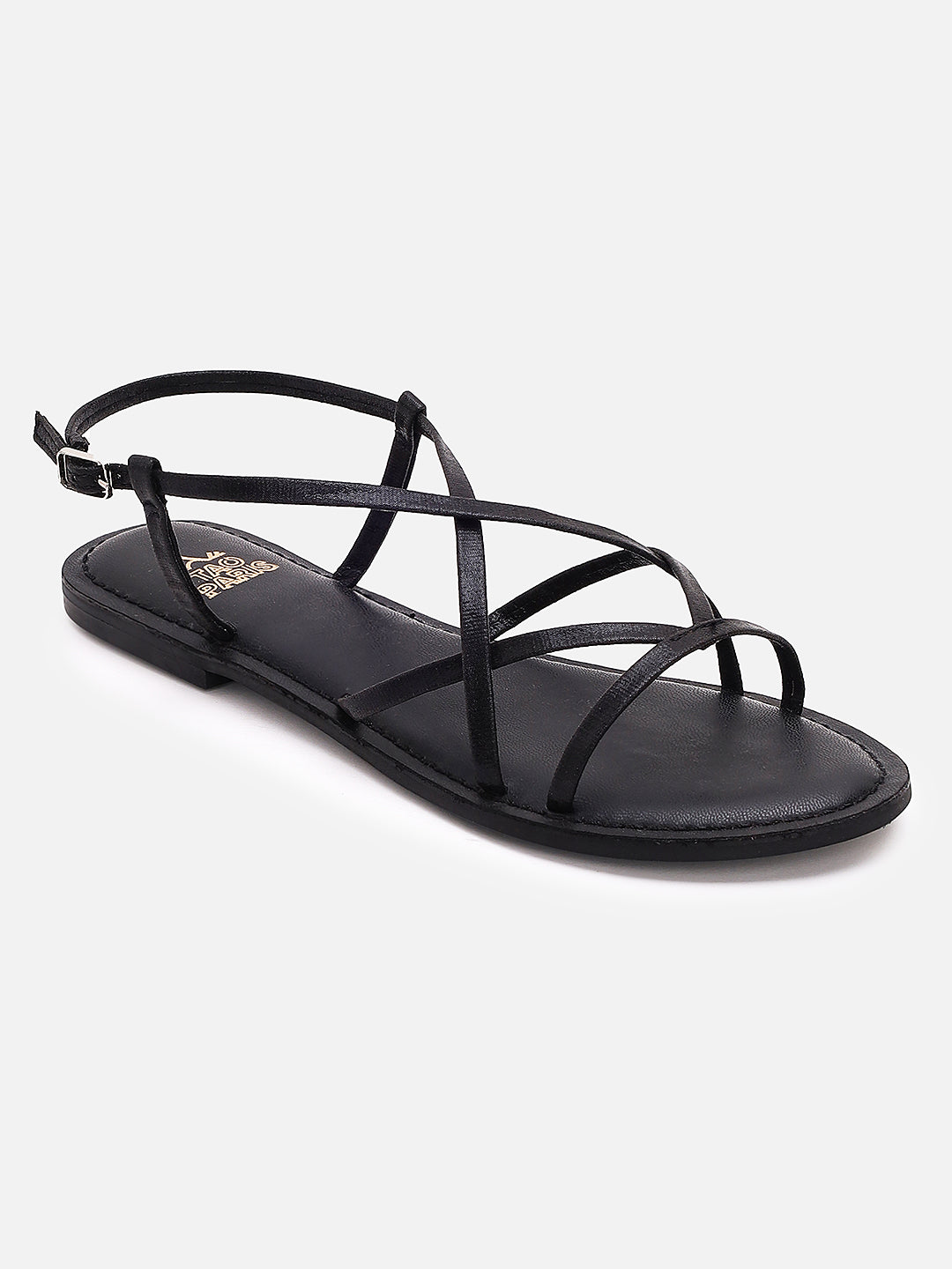 Tao Paris Women Oro Black Ankle Strap Flat Sandals