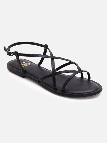 Tao Paris Women Oro Black Ankle Strap Flat Sandals