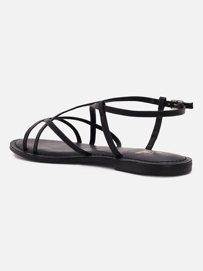 Tao Paris Women Oro Black Ankle Strap Flat Sandals