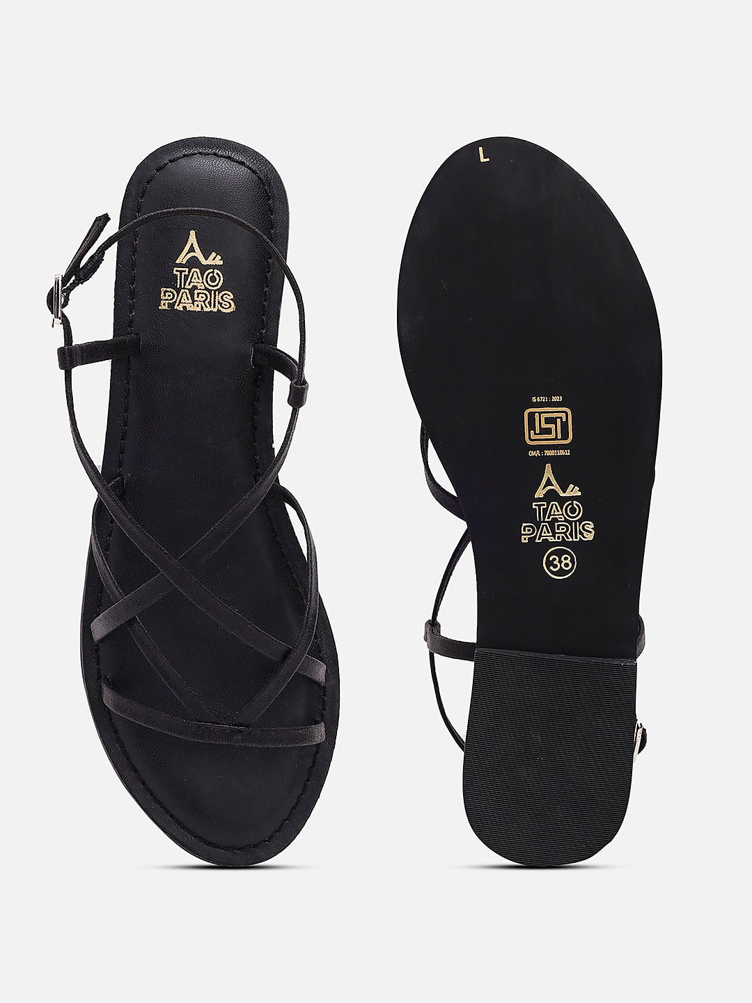 Tao Paris Women Oro Black Ankle Strap Flat Sandals
