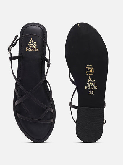 Tao Paris Women Oro Black Ankle Strap Flat Sandals
