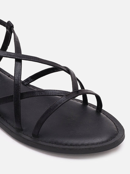 Tao Paris Women Oro Black Ankle Strap Flat Sandals