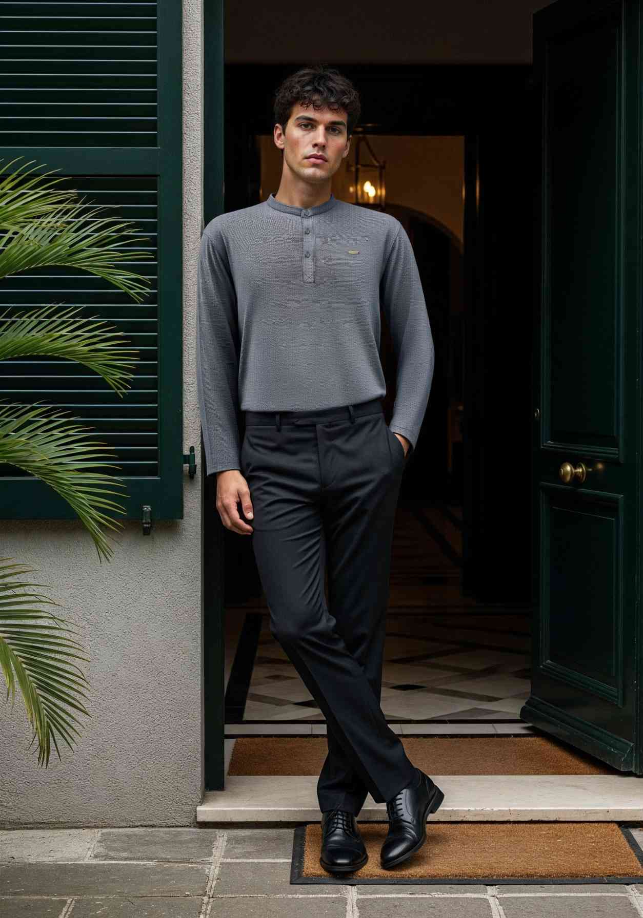 The Lineage Textured Henley  Mouse Grey