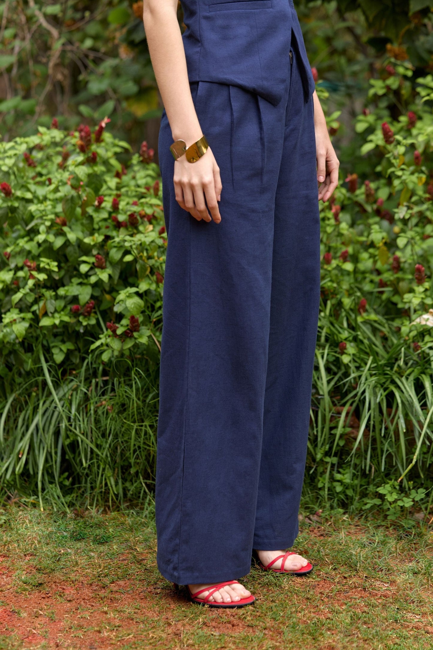 Navy Blue Pleated Wide-Leg Pants