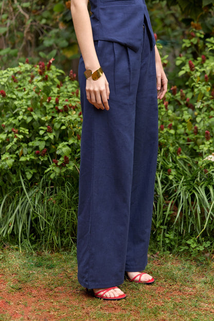 Navy Blue Pleated Wide-Leg Pants