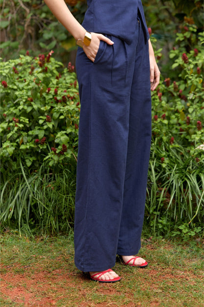Navy Blue Pleated Wide-Leg Pants