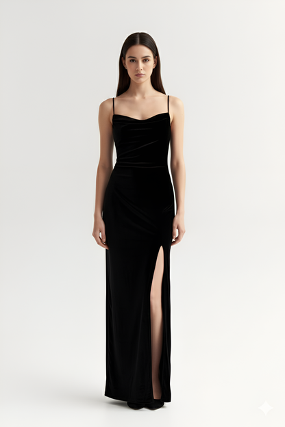 Black Velvet Cowl Neck Dress