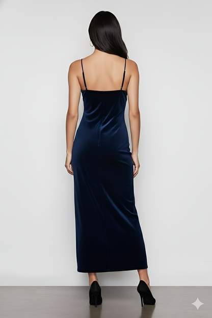 Blue Velvet Cowl Neck Dress