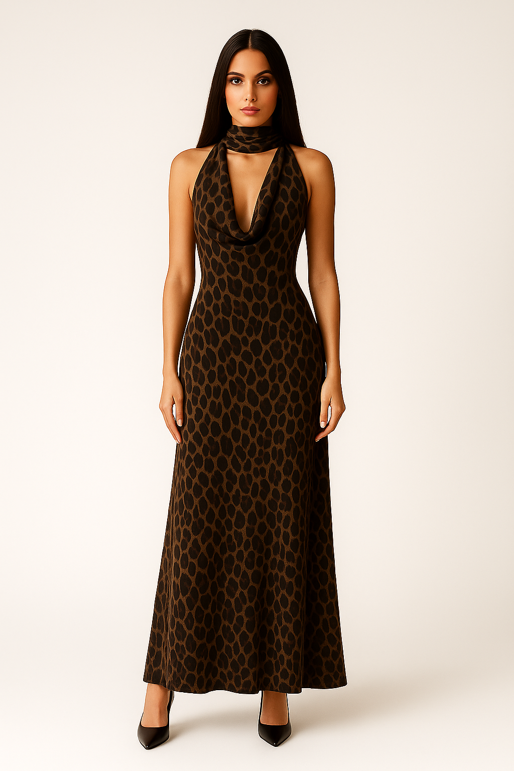 Leopard Print Cowl Neck Maxi Dress With Scarf